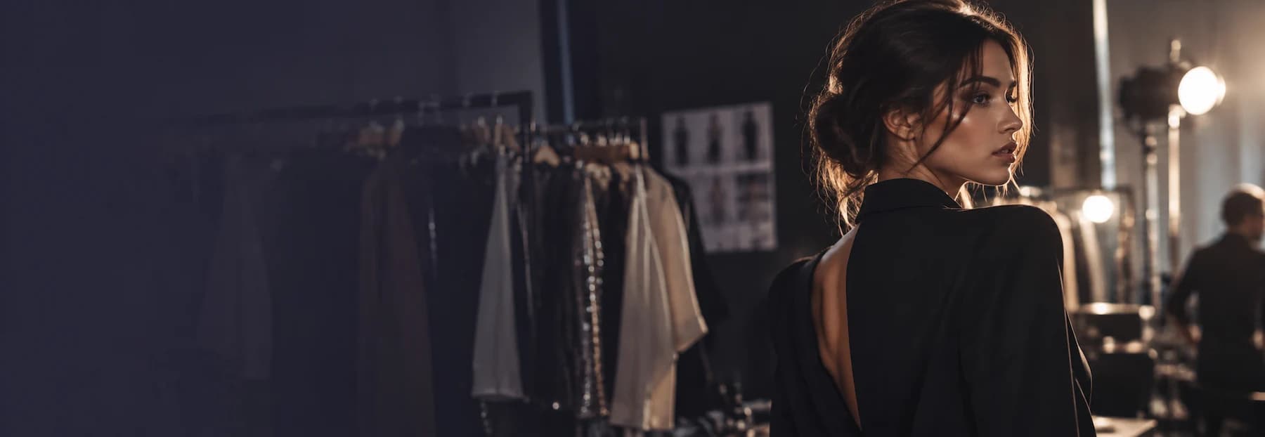 Bastidores de produção de moda com modelo da Lucky70 Models
